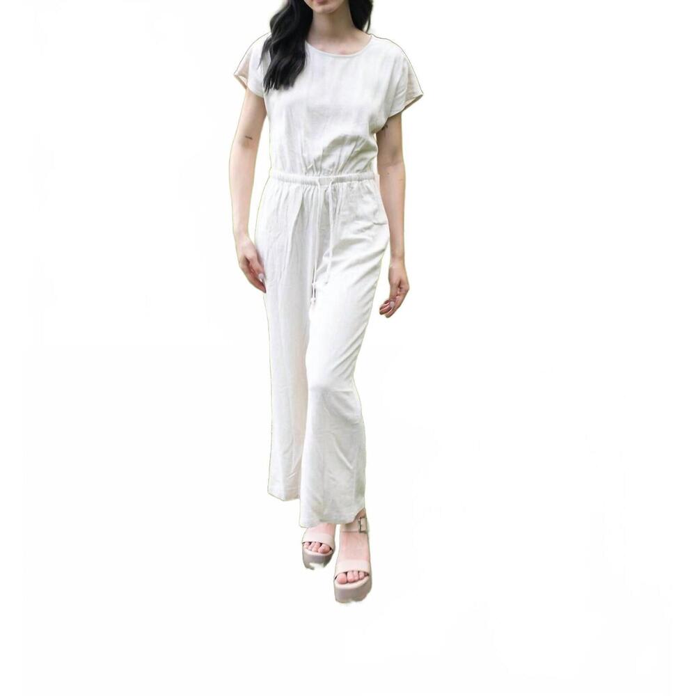 NEW ELLE GREY short sleeve drawstring waist linen jumpsuit in vanilla dreams